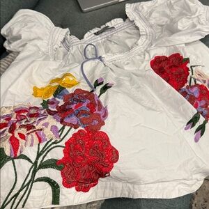 Anthropologie White Embroidered Floral Boho Blouse- XL